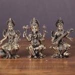 4" Brass Superfine Ganesha Lakshmi Saraswati Set | Divine Trinity on Lotus | Sacred Festival Idols